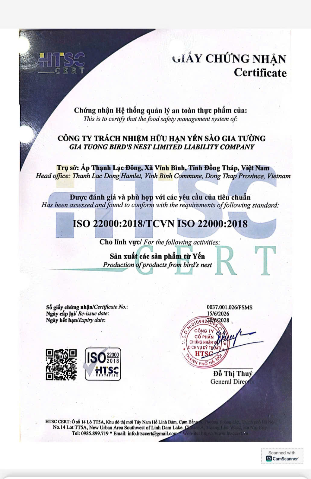 Giấy chứng nhận ISO 22000:2018 của Công ty Yến Sào Gia Tường